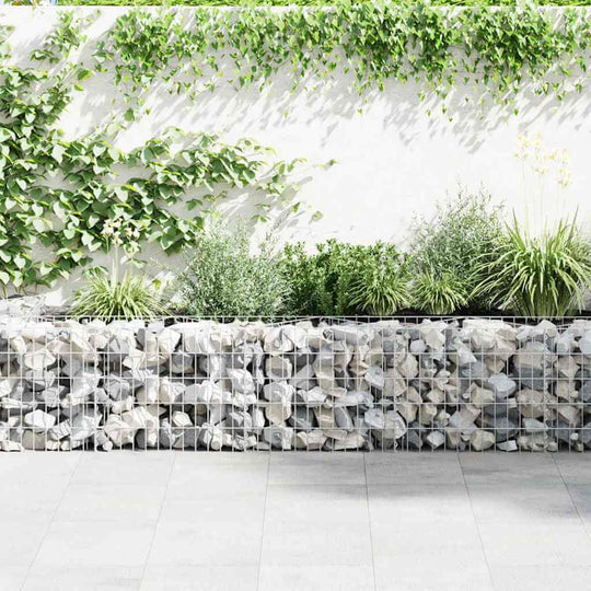 Gabion Basket Galvanised Steel 300x30x50 cm used as a stylish planter with lush greenery.