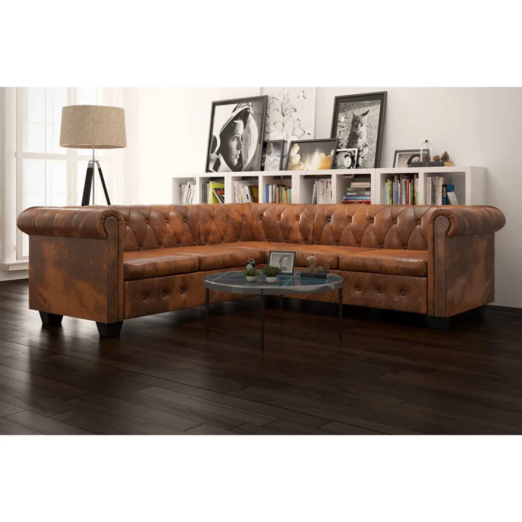 Chesterfield Corner Sofa 5-Seater Artificial Leather , Furniture -> Sofas , black,brown,Comfortable,eligant,Furniture -,Leather,Modern Design,new-305021,Sofas