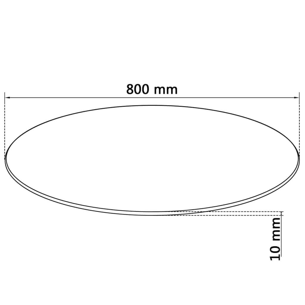 Diagram of a round tempered glass table top, 800 mm diameter and 10 mm thickness, ideal for various furniture uses.