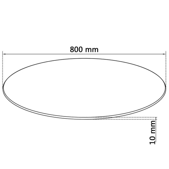 Diagram of a round tempered glass table top, 800 mm diameter and 10 mm thickness, ideal for various furniture uses.