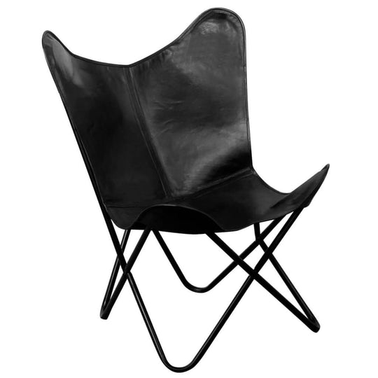 Black real leather butterfly chair featuring a sleek design, perfect for outdoor furniture and relaxing in style.