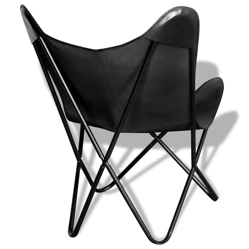 Black real leather butterfly chair designed for comfort, featuring a sleek metal frame, perfect for outdoor furniture.