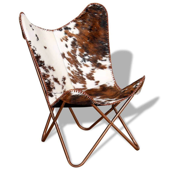 Vintage butterfly chair in brown and white real cowhide leather with ergonomic design for ultimate comfort.