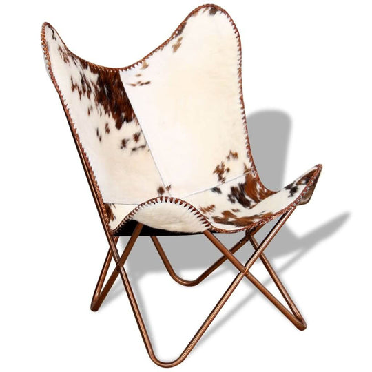 Brown and white vintage butterfly chair made of real cowhide leather with ergonomic design and metal frame.