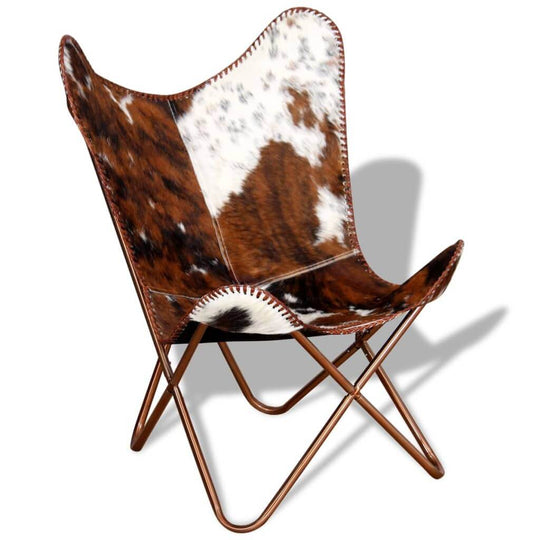 Vintage butterfly chair in brown and white cowhide leather, ergonomically designed for comfort and style.