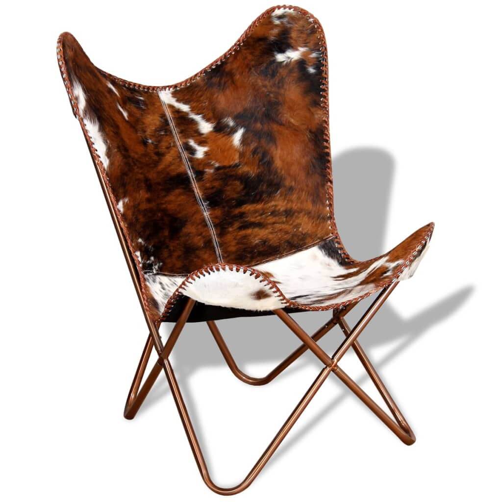 Vintage butterfly chair in brown and white real cowhide leather, featuring a stylish ergonomic design.
