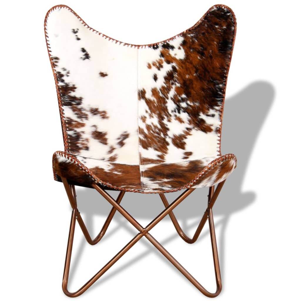 Vintage brown and white butterfly chair made of real cowhide leather, designed for comfort and style.
