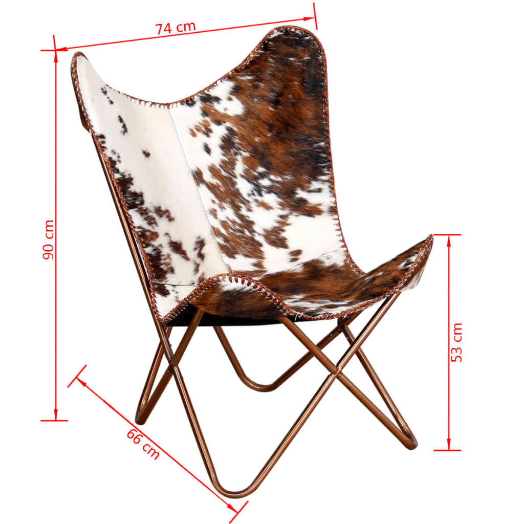 Vintage brown and white butterfly chair made of real cowhide leather with dimensions 74x90x66 cm. Perfect for relaxation.