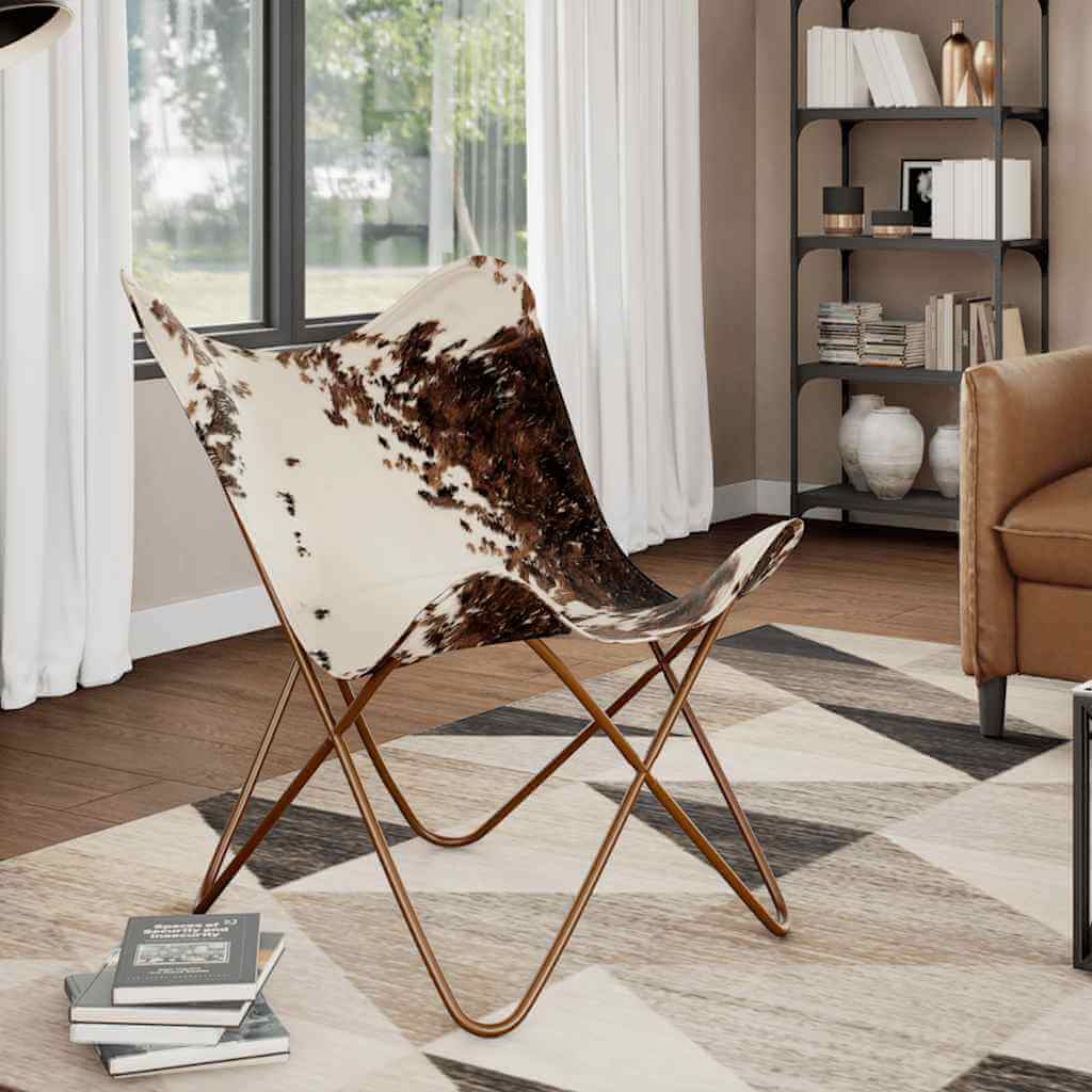VidaXL Butterfly Chair Brown and White Real Cowhide Leather