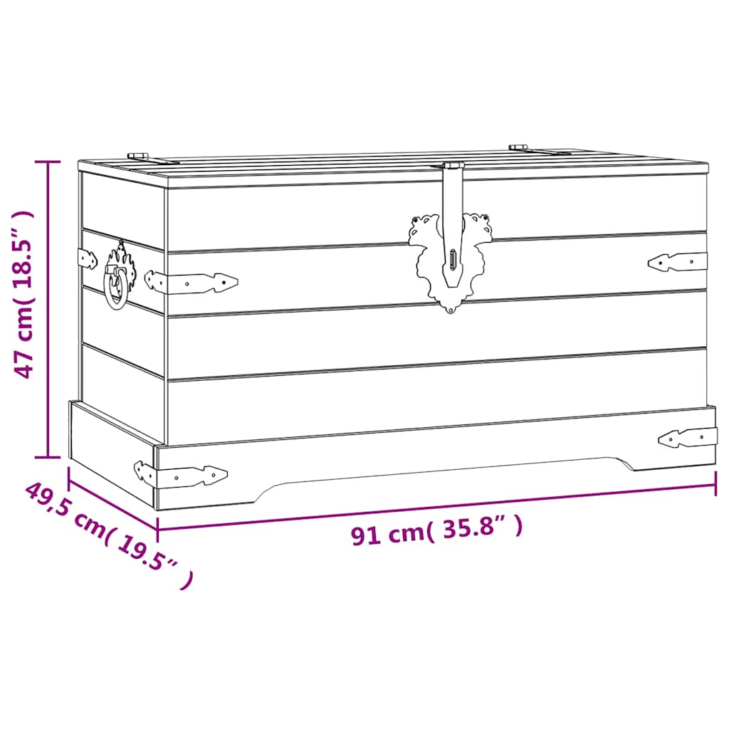 Storage chest dimensions for Mexican Pine Corona range, measuring 91x49.5x47 cm, showcasing rustic design elements.