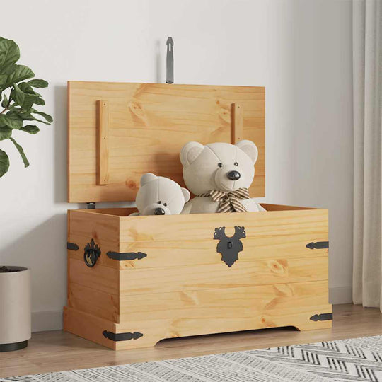 Rustic Mexican pine storage chest with teddy bears, perfect for organizing blankets and accessories in any room.