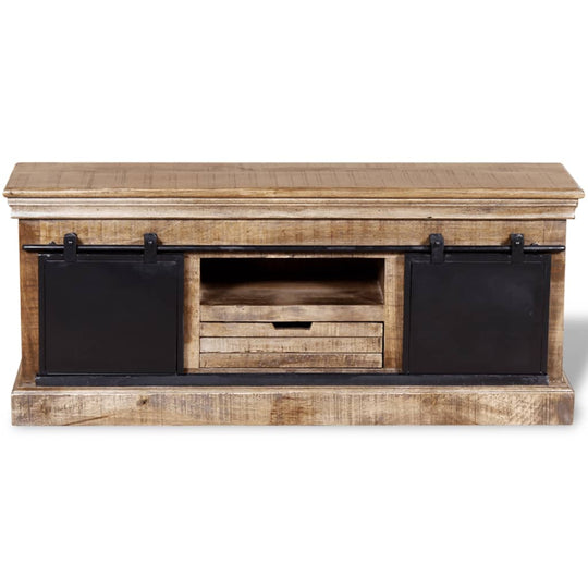 TV cabinet with 2 sliding doors made of solid mango wood, featuring a rustic design and ample storage space for multimedia.