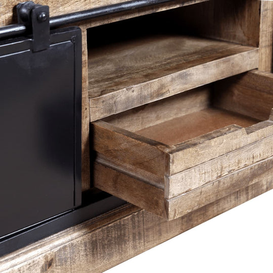 Close-up of wooden TV cabinet with sliding doors and storage drawers made from solid mango wood. Perfect for living room or lounge.