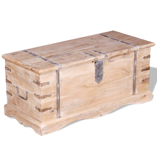 Wooden storage chest made of acacia wood with a white brushed finish and metal latch for ample storage space.