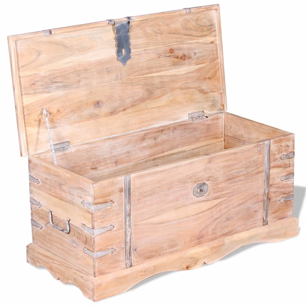 Wooden storage chest in acacia wood with open lid, showcasing ample interior space and metal latch features.