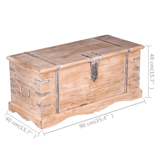 Acacia wood storage chest with brushed finish, metal latch, and handles, ideal for storage and as a coffee table.