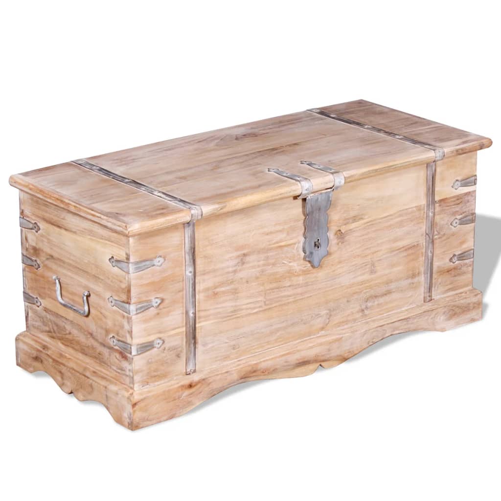 Storage chest made of solid acacia wood with brushed finish, featuring a latch and side handles for ample storage.