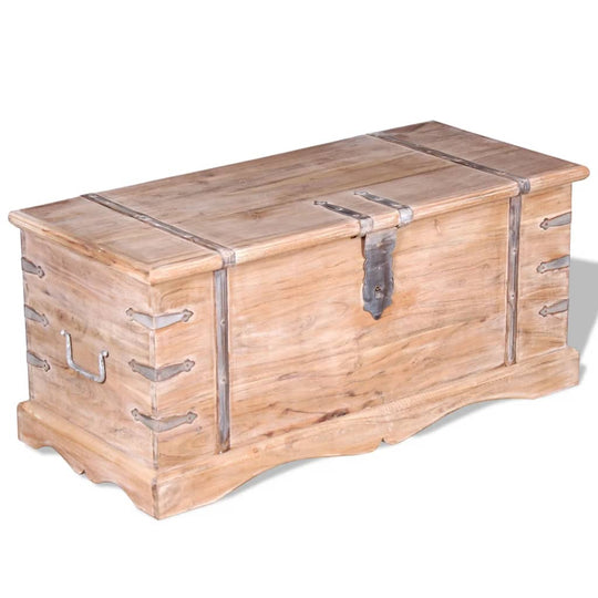 Wooden storage chest in acacia wood with metal accents, features a latch and handles for easy transport and storage.