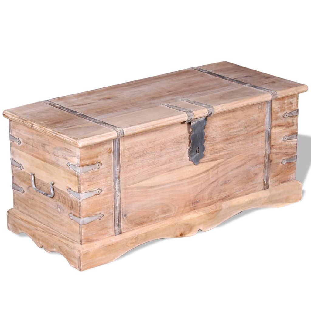 Wooden storage chest in acacia wood with metal latch and handles, ideal for storing items and doubling as a coffee table.