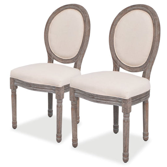 Set of 2 elegant linen dining chairs with wooden frames, perfect for stylish home decor and comfortable seating.