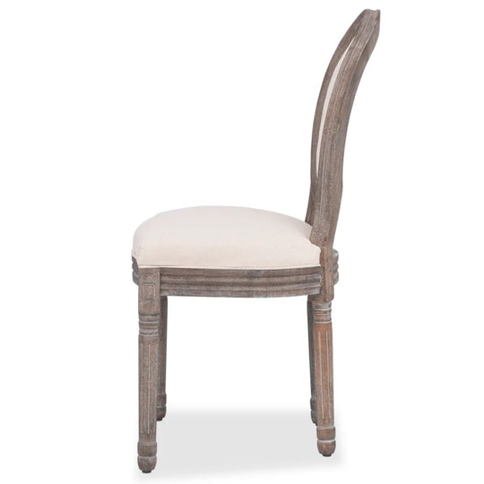 Side view of a linen dining chair with wooden frame, perfect for stylish home decor and comfortable seating.