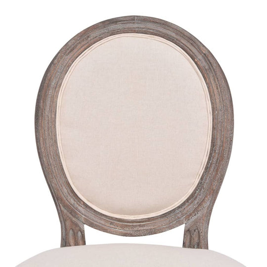 High-quality linen dining chair with an elegantly designed oval backrest and durable wooden frame. Perfect for home decor.