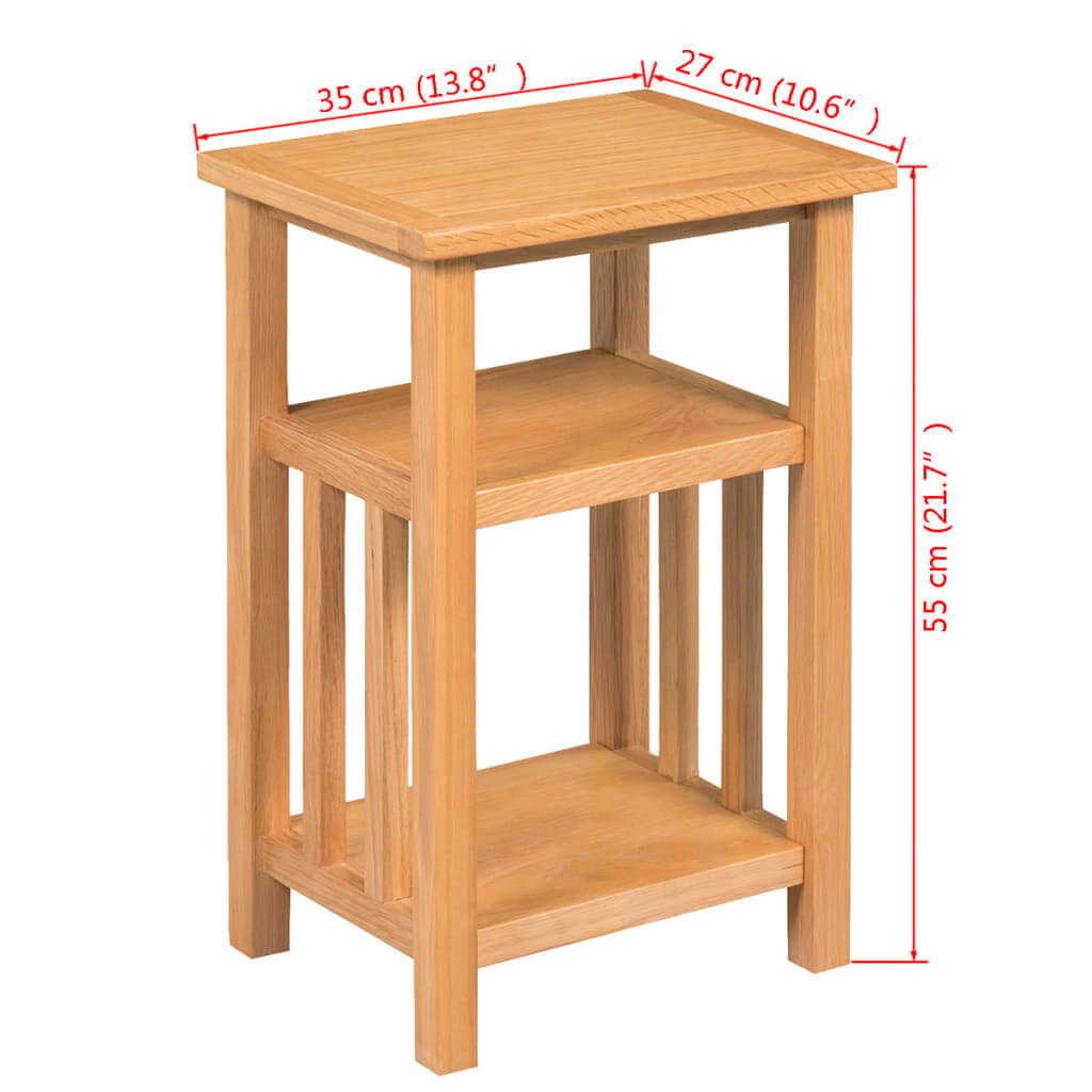 End table with magazine shelf in solid oak wood, dimensions 27x35x55 cm, perfect for living rooms and stylish decor.