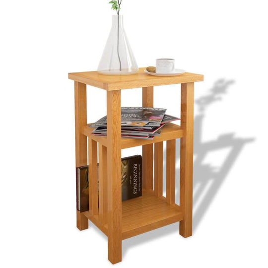 Solid oak wood end table with magazine shelf, perfect for living room or bedroom decor, featuring a compact design.