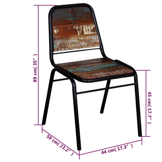 Reclaimed wood dining chair with powder-coated steel frame, ideal for outdoor furniture and patio use, measuring 89x59x44 cm.