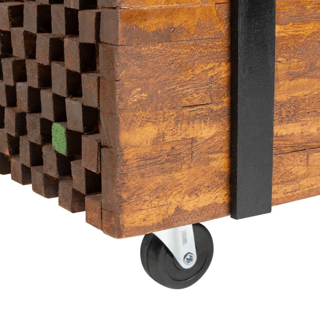 Close-up of teak side table with stacked beam design and black strap, featuring a wheel for easy mobility.