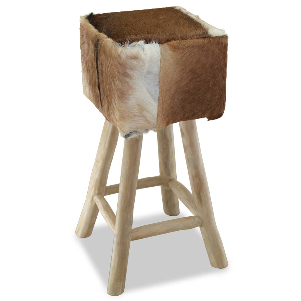 Stylish bar stool with goat leather seat and solid teak wood frame, perfect for restaurants or home decor, highlighting rustic charm.