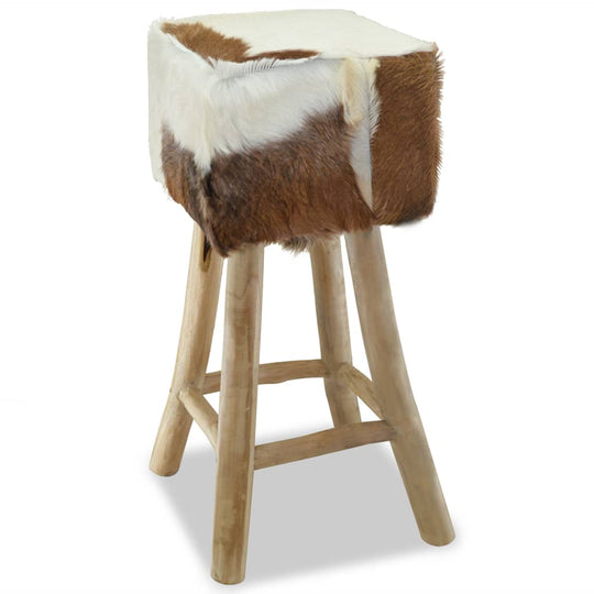 Bar stool with durable goat leather upholstery and solid wood frame, perfect for rustic charm in furniture settings.