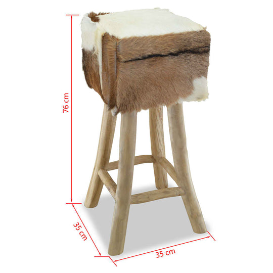 Stylish goat leather bar stool with solid teak wood legs, perfect for rustic decor in homes or outdoor lounge spaces.