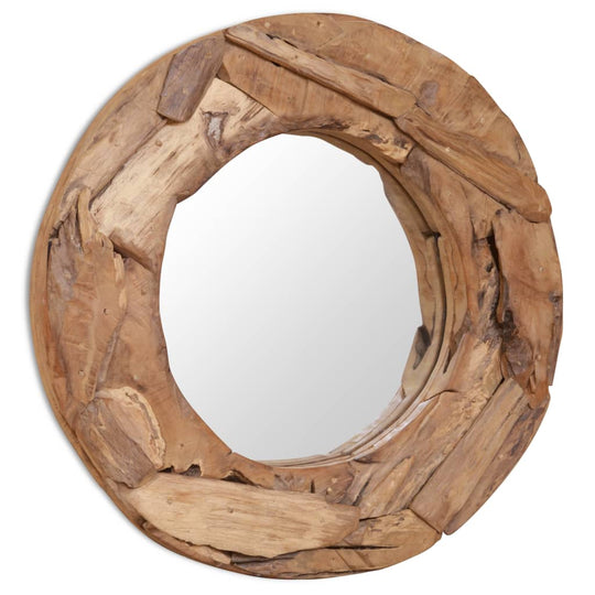 Decorative round teak mirror with rustic, irregular wood frame, ideal for home and bathroom decor.