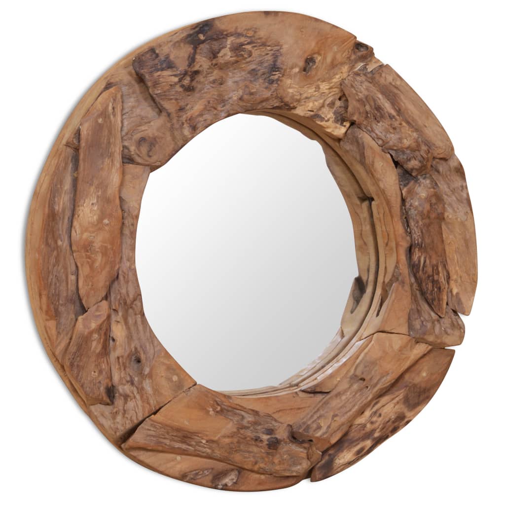 Decorative 60 cm round teak mirror with a rustic wood frame, perfect for home or bathroom decor, showcasing unique wood variations.