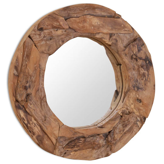 Decorative round teak mirror with rustic wood frame, perfect for enhancing home decor and outdoor furniture aesthetics.