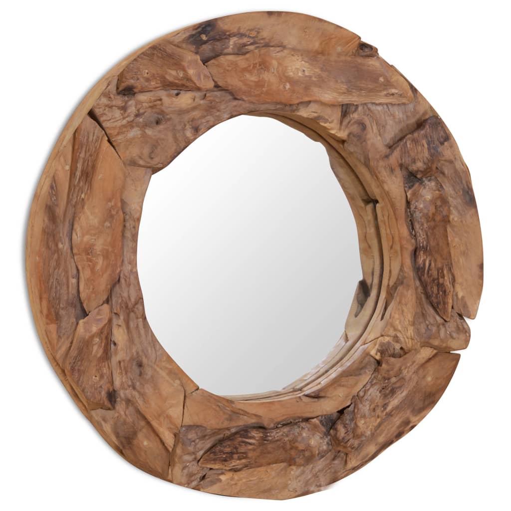 Decorative round teak mirror with rustic wood frame, ideal for home decor and furniture enhancement.