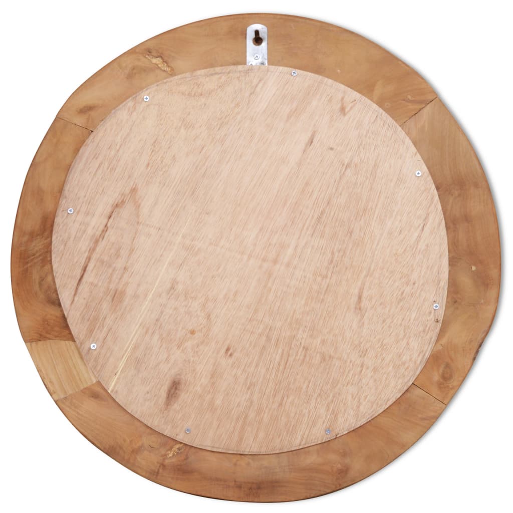 Back view of a 60 cm round decorative teak mirror showcasing rustic wood details and mounting hardware.