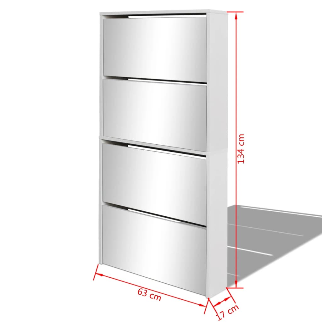 Mirrored shoe cabinet with 4 layers, white, dimensions 63x17x134 cm, ideal for organizing shoes in outdoor and home spaces.