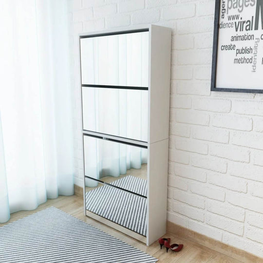 White 4-layer mirrored shoe cabinet, wall-mounted, in a modern room setting, perfect for organizing and decluttering spaces.