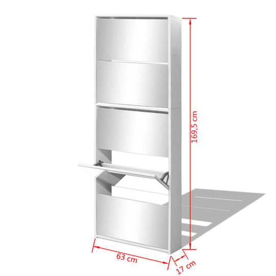 Modern white shoe cabinet with mirror, 5-layer design, dimensions 63x17x169.5 cm, ideal for shoe storage and organization.