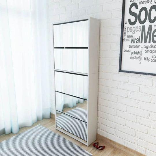 Modern 5-layer mirrored shoe cabinet in white, mounted on wall, stylishly organized in a bright room with a striped rug.