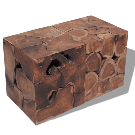 Solid teak coffee table made from unique wooden blocks, perfect for outdoor living spaces and garden furniture sets.