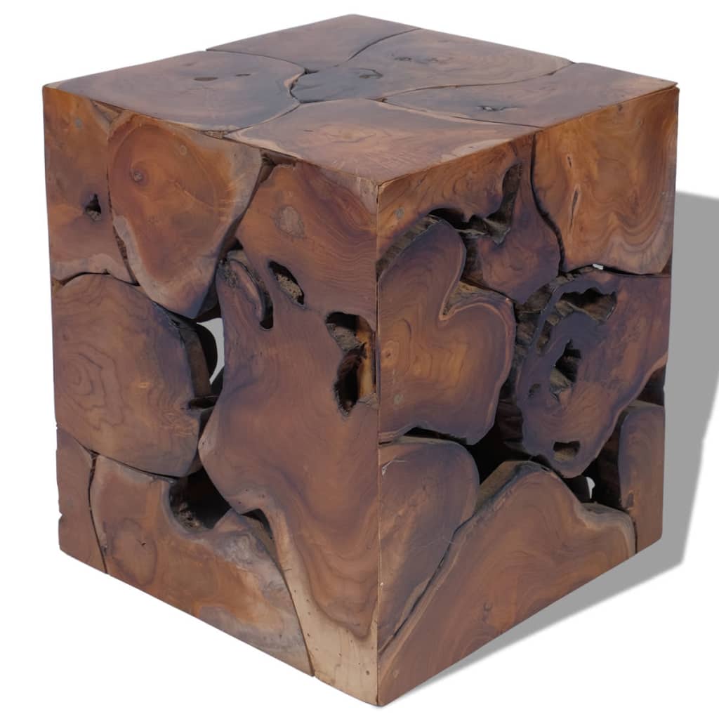 Solid teak cube stool showcasing rustic charm and unique handmade craftsmanship. Ideal for use as a table or footrest.