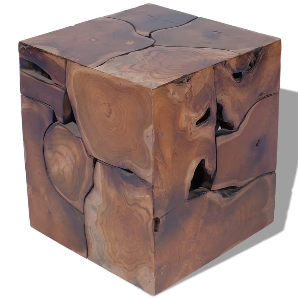 Solid teak cube stool showcasing natural wood grain and rustic charm, perfect for unique decor or as a side table.