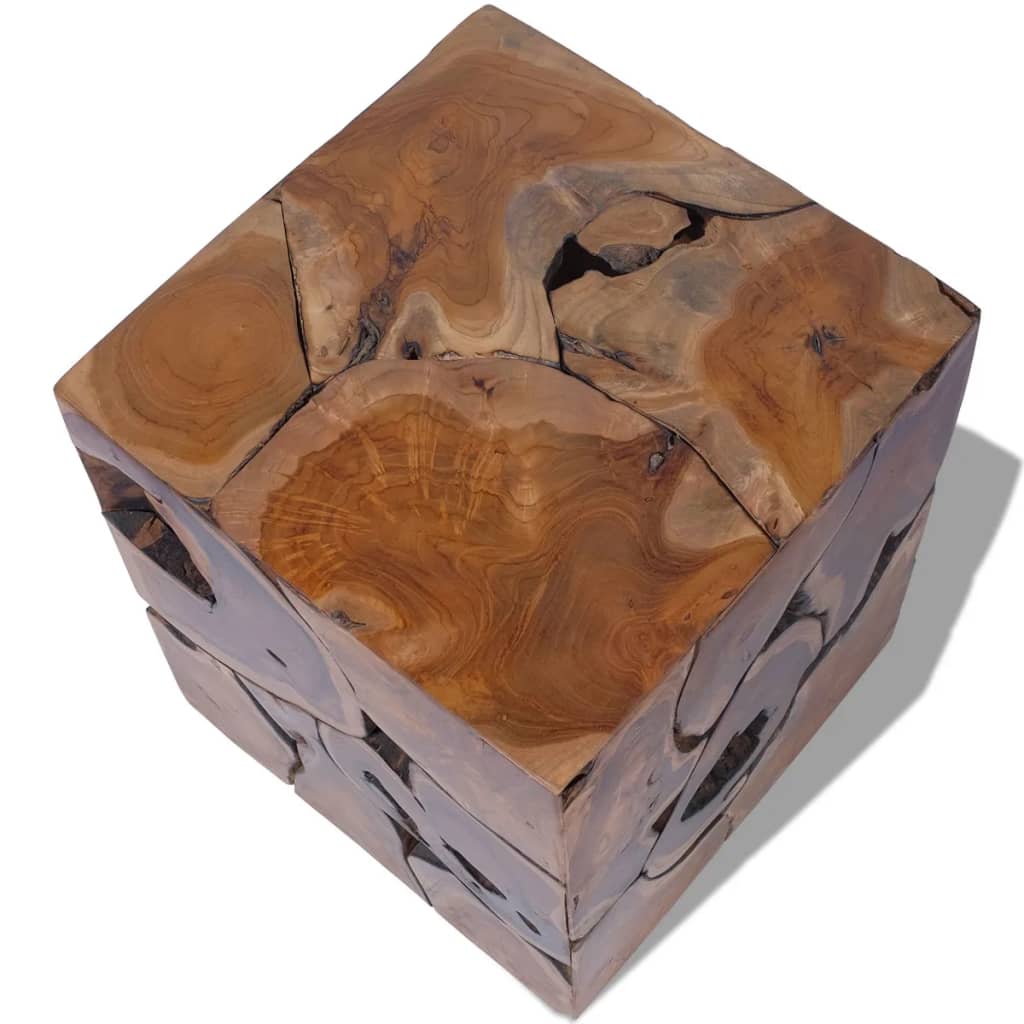 Solid teak coffee table stool with rustic charm, showcasing natural wood grain and unique craftsmanship.