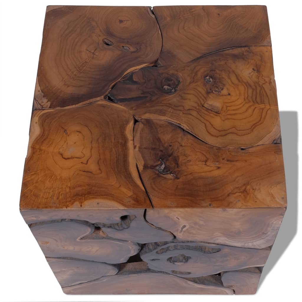 Unique solid teak stool or coffee table with rustic charm, showcasing natural wood grain and craftsmanship.