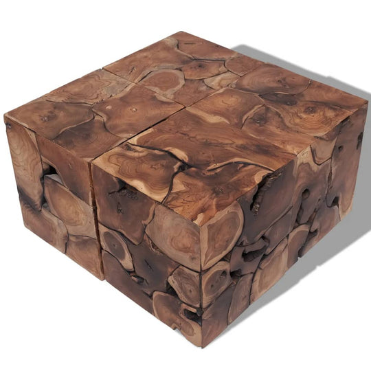 Solid teak coffee table made from unique blocks, perfect for outdoor or indoor furniture, showcasing rustic charm and craftsmanship.