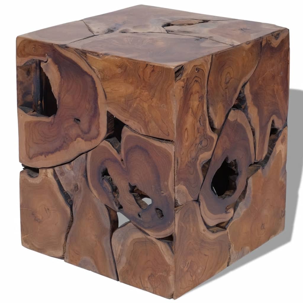 Solid teak cube stool with unique natural design, perfect for outdoor furniture or as a rustic side table.