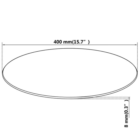 Dimensions of a 400 mm round tempered glass table top, showing 8 mm thickness for outdoor and indoor furniture use.